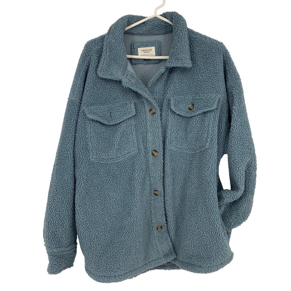 American Eagle Women's Blue Sherpa Teddy Button Up Coat Size Medium